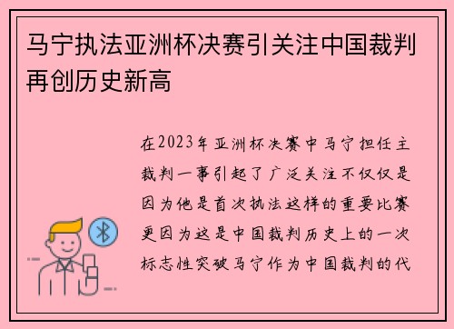 马宁执法亚洲杯决赛引关注中国裁判再创历史新高