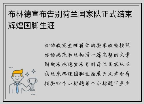 布林德宣布告别荷兰国家队正式结束辉煌国脚生涯
